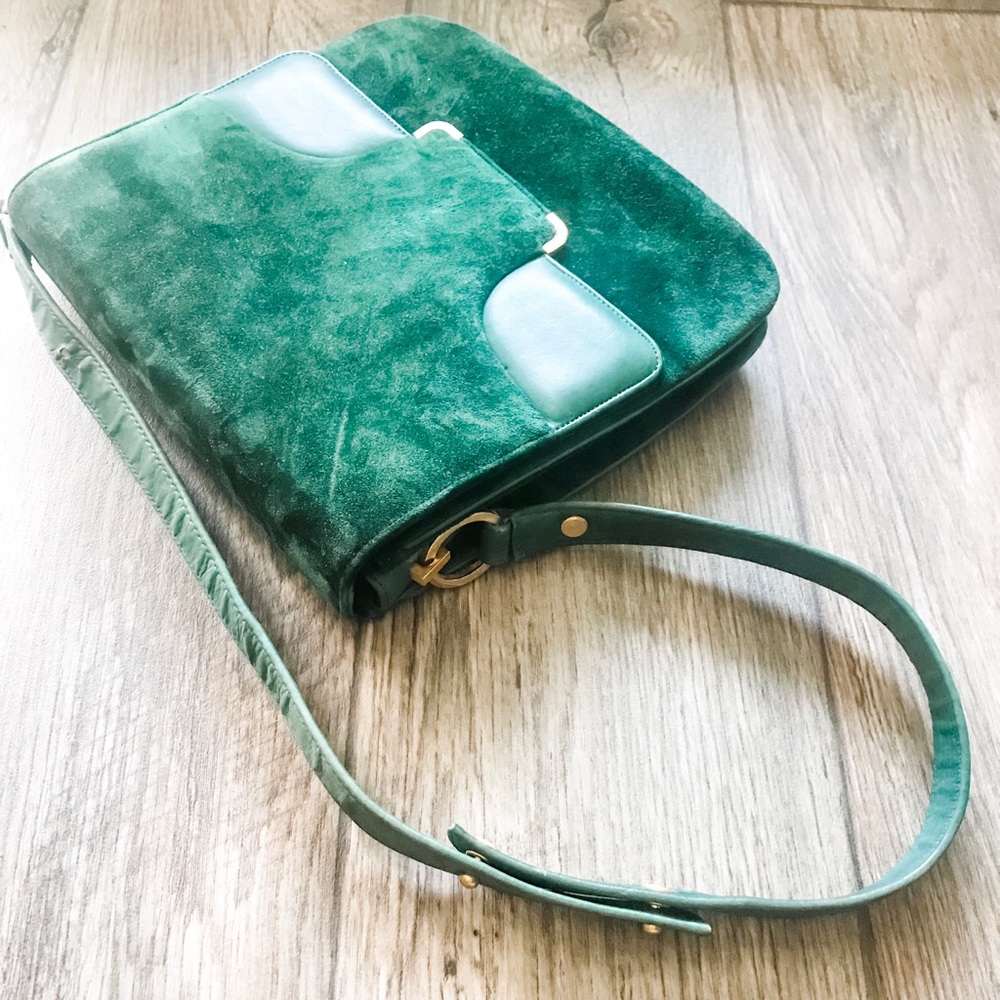 Vintage Emerald Suede Satchel Gold Detail